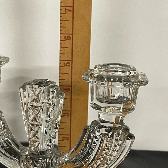 Pair Of Vintage Tiffin Glass Double Candlestick Holders Etched Floral Clear EUC - Picture 5 of 11